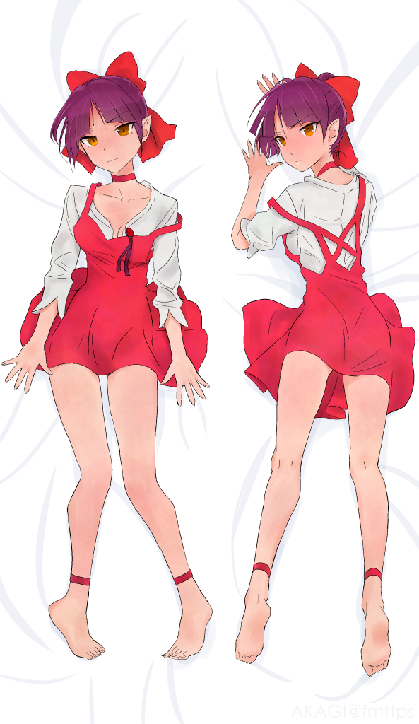 akagi_(fmttps) bangs barefoot bed_sheet bow breasts brooch cat_girl choker cleavage closed_mouth commentary_request dakimakura dress eyebrows_visible_through_hair full_body gegege_no_kitarou gem hair_bow hair_bun jewelry light_frown lips long_sleeves looking_at_viewer looking_back lying multiple_views nekomusume nekomusume_(gegege_no_kitarou_6) no_shoes on_back on_bed on_stomach partial_commentary pinafore_dress pointy_ears purple_hair red_bow red_choker red_dress shirt short_dress short_hair strap_slip white_shirt yellow_eyes