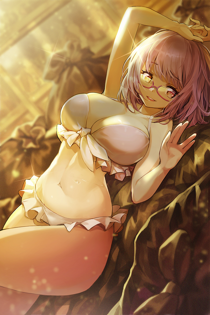 bangs bare_shoulders bikini blush breasts cleavage collarbone commentary_request goomrrat highres hips large_breasts lavender_hair looking_at_viewer navel open_mouth pink-framed_eyewear red_eyes shinjou_akane short_hair smile solo ssss.gridman swept_bangs swimsuit thighs wet white_bikini
