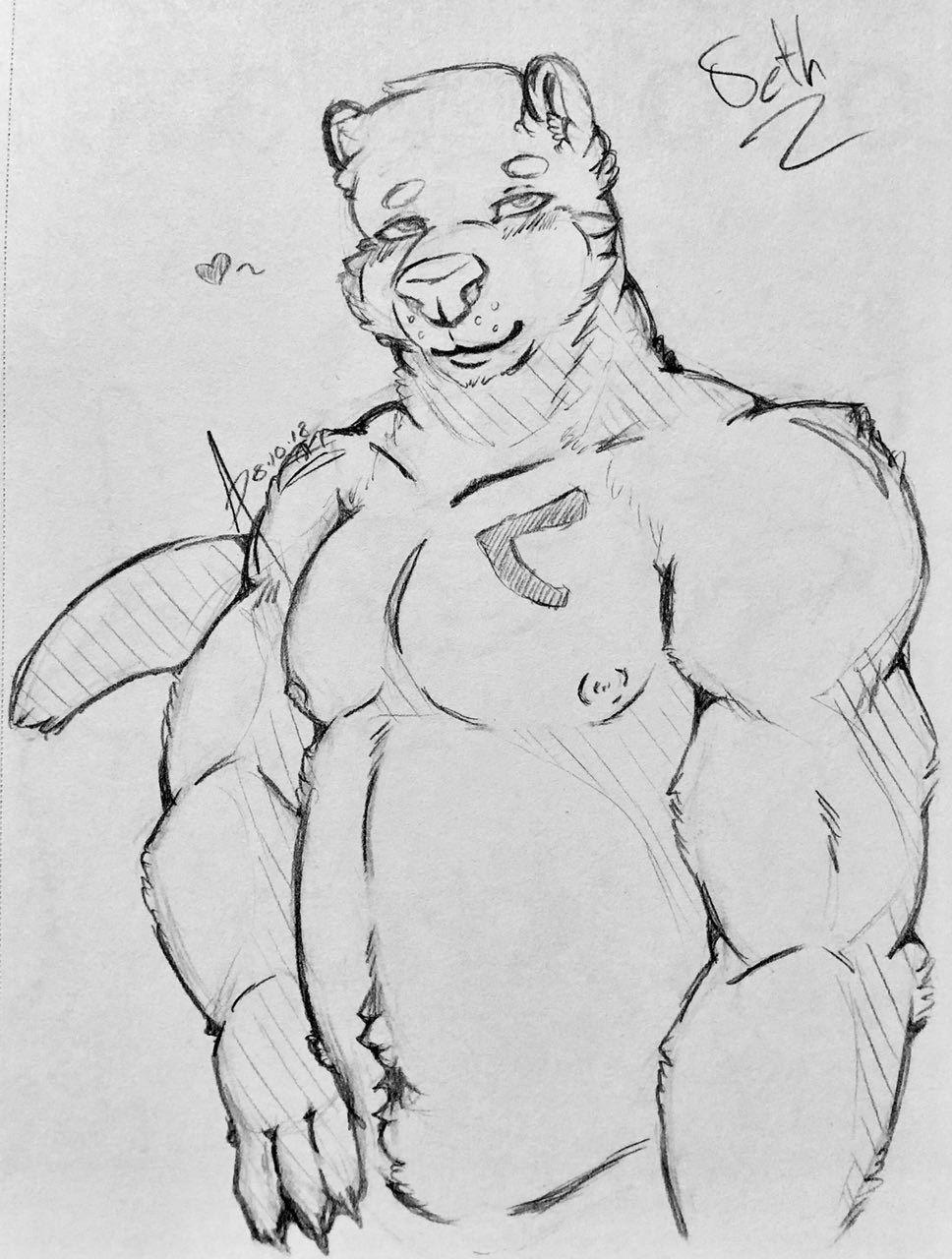 &lt;3 2018 anthro barazoku claws looking_at_viewer male mammal mustelid nipples otter seth sketch syphrus traditional_media_(artwork)