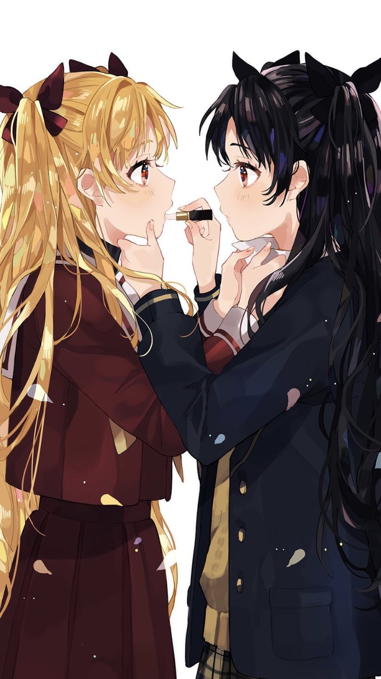 applying_makeup black_bow black_hair blonde_hair blue_coat bow brown_eyes brown_sweater ereshkigal_(fate/grand_order) eye_contact fate/grand_order fate_(series) from_side hair_bow highres holding_lipstick i_(yunyuniraaka) ishtar_(fate/grand_order) lipstick_tube long_hair looking_at_another multiple_girls pleated_skirt red_bow red_eyes red_shirt red_skirt sailor_collar shirt simple_background skirt standing sweater twintails very_long_hair white_background white_sailor_collar