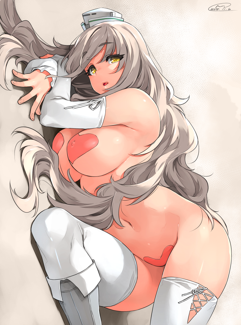 bangs blush breasts commentary_request covered_nipples detached_sleeves eyebrows_visible_through_hair eyelashes garrison_cap grey_hair happa_(cloverppd) hat heart_pasties hips kantai_collection large_breasts long_hair looking_at_viewer lying navel on_side parted_lips pasties pola_(kantai_collection) signature solo swept_bangs thighhighs_under_boots thighs very_long_hair wavy_hair white_footwear white_legwear yellow_eyes