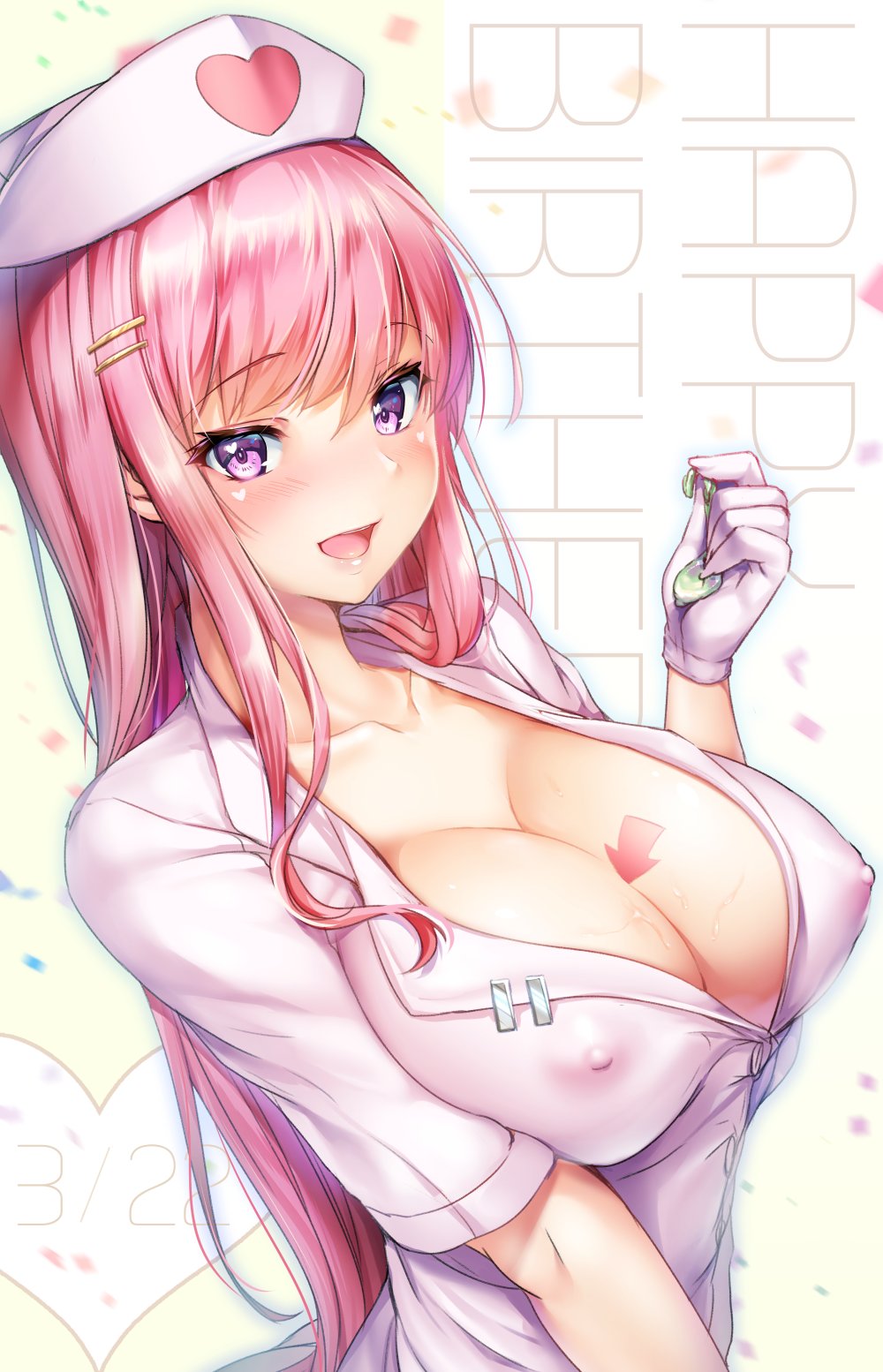 bangs breasts cleavage collarbone condom covered_nipples directional_arrow eyebrows_visible_through_hair gloves hair_ornament hairclip hand_up happy_birthday hat heart heart_in_eye highres holding holding_condom kuru2pantu large_breasts long_hair looking_at_viewer nurse nurse_cap open_mouth original pink_gloves pink_hair pink_hat purple_eyes see-through smile solo symbol_in_eye upper_body used_condom