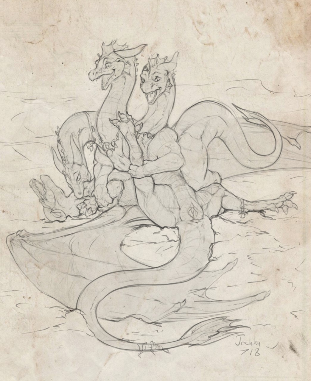 anklet bite conjoined dragon duo female hydra jewelry multi_head pinned pussy scalie sketch spread_pussy spreading tochka western_dragon