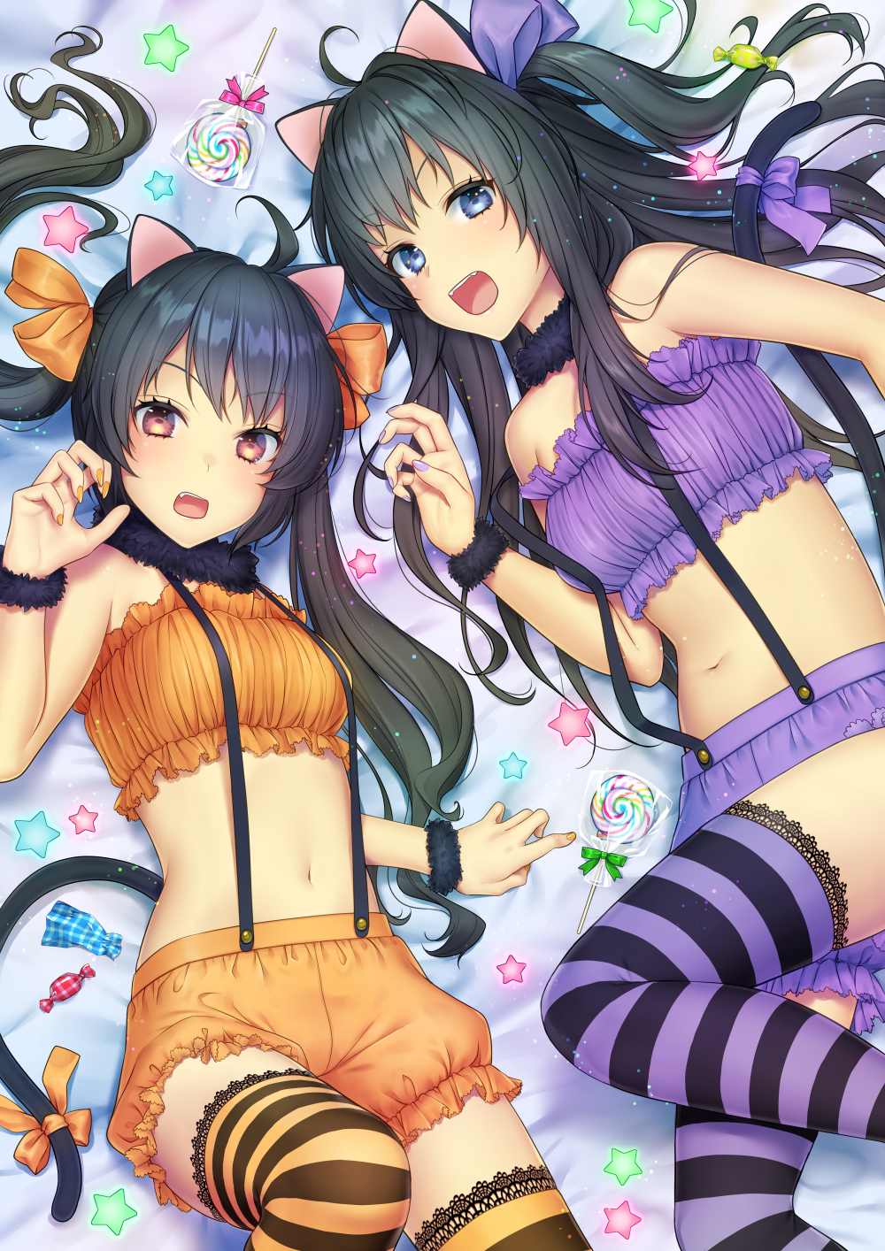 animal_ears bangs bare_shoulders bed_sheet black_hair bloomers blue_eyes blush breasts candy cat_ears cat_girl cat_tail claw_pose commentary_request daidai_jamu eyebrows_visible_through_hair fang fingernails food frills fur_collar halloween hand_up highres lace lace-trimmed_thighhighs lollipop long_hair looking_at_viewer lying midriff multiple_girls nail_polish navel on_back open_mouth orange_bloomers orange_nails original purple_bloomers purple_nails red_eyes small_breasts star striped striped_legwear suspenders swirl_lollipop tail thighhighs underwear very_long_hair