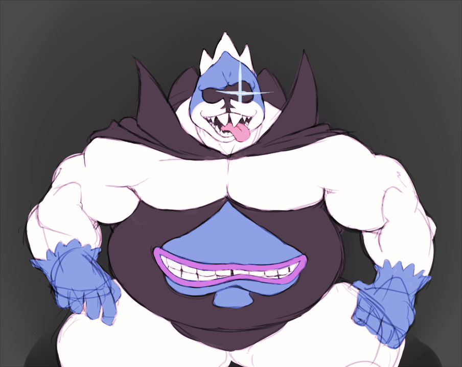 &spades; 2018 5_fingers belly biceps big_belly biped bulge cape clothing colored_sketch crouching crown deltarune digital_drawing_(artwork) digital_media_(artwork) evil_grin eyeless front_view grey_background guide_lines hand_on_legs hands_on_legs humanoid humanoid_hands king king_spade leaning leaning_forward lips looking_at_viewer male musclegut muscular muscular_male not_furry open_mouth open_smile overweight overweight_male pecs pink_tongue purple_lips royalty sharp_teeth simple_background smile solo spades sparkle stomach_mouth suit_symbol teeth thick_thighs tongue tongue_out video_games wkd