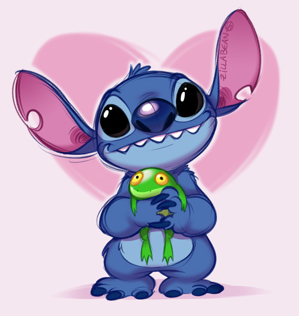 &lt;3_background 2018 alien amphibian black_eyes blue_claws blue_fur blue_nose claws colored_sketch disney duo experiment_(species) feral frog fur green_body head_tilt head_tuft holding_character lilo_and_stitch looking_at_viewer notched_ear smile standing stitch tuft yellow_sclera zillabean