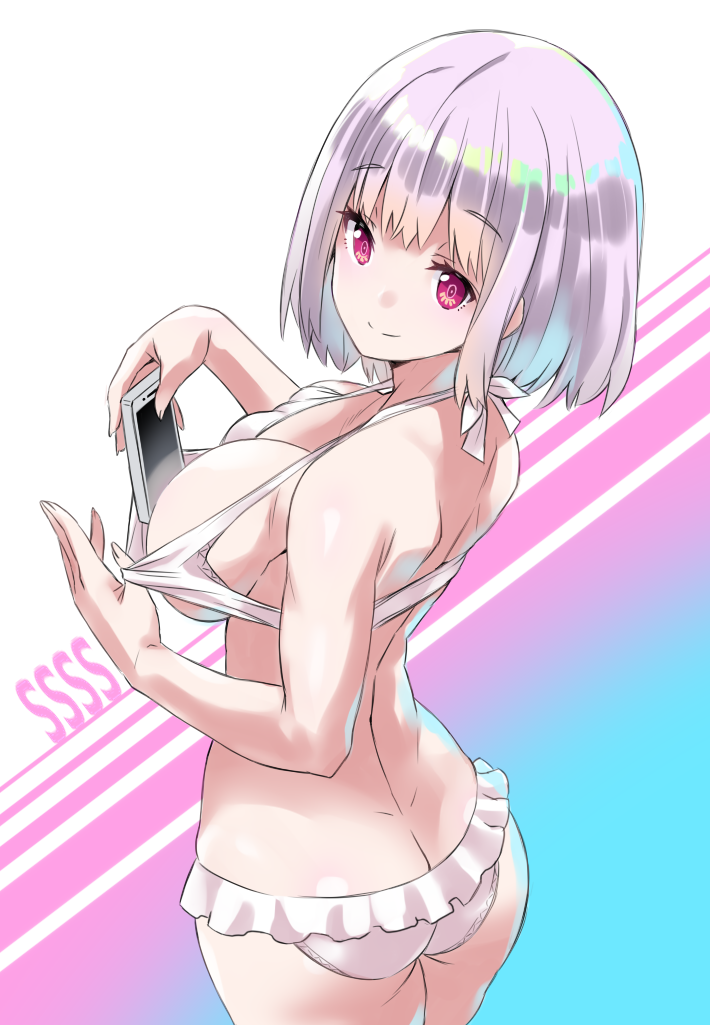 akaza ass bikini bikini_pull breasts butt_crack cellphone commentary_request cowboy_shot eyebrows_visible_through_hair in_swimsuit large_breasts lavender_hair multicolored multicolored_background phone red_eyes shinjou_akane short_hair smartphone smile solo ssss.gridman swimsuit white_bikini