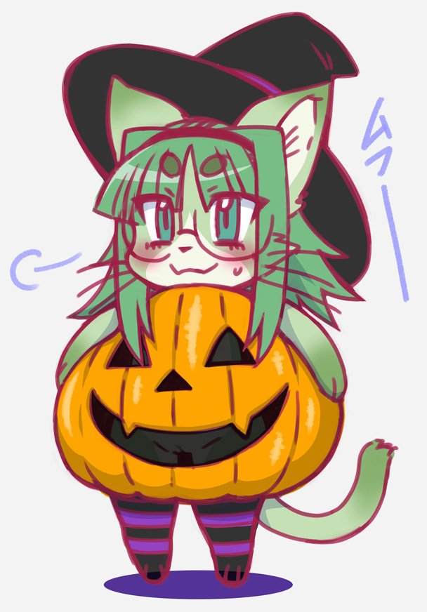 2018 anthro barely_visible_genitalia barely_visible_pussy blush cat clothed clothing costume eyewear feline female food fruit fur glasses green_eyes green_fur green_hair hair halloween hat holidays ineffective_clothing kemono legwear mammal midori_(nakagami_takashi) multicolored_fur nakagami_takashi paws pumpkin pussy semi-anthro simple_background solo standing stockings two_tone_fur whiskers witch_hat