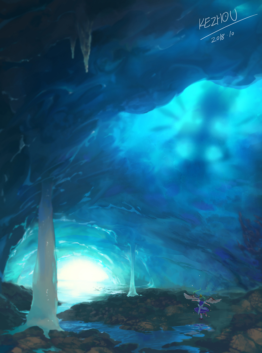 artist_name blue blue_dress cave cave_interior chinese_commentary cirno commentary_request daiyousei dated day dress fairy_wings floating_hair frozen giantess green_hair ice ice_cave icicle kezhou leg_lift long_hair multiple_girls outstretched_arms pillar puffy_short_sleeves puffy_sleeves scenery short_sleeves silhouette standing standing_on_one_leg sunlight touhou very_wide_shot water wings