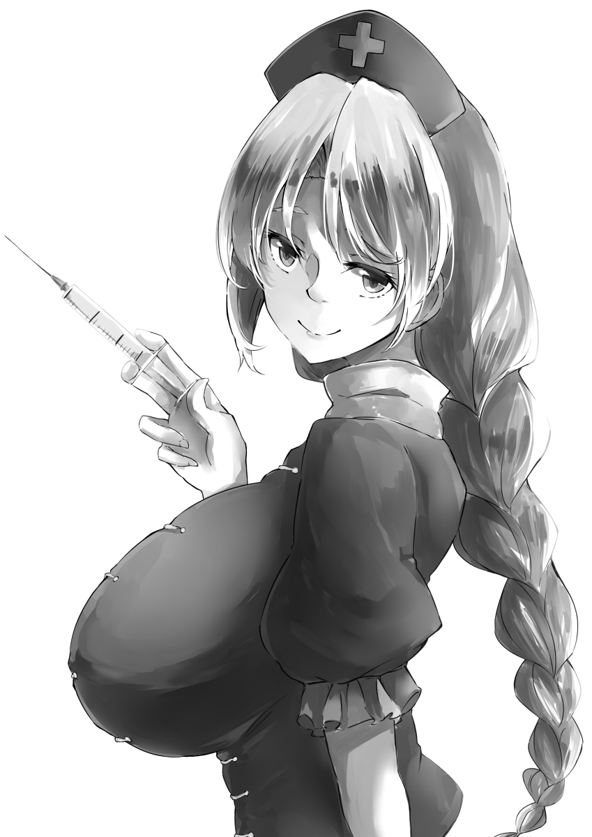 breasts cropped_torso deetamu eyebrows_behind_hair from_side greyscale hat highres holding holding_syringe huge_breasts long_hair looking_at_viewer monochrome nurse_cap ponytail puffy_short_sleeves puffy_sleeves short_sleeves simple_background smile solo syringe touhou upper_body wall-eyed white_background yagokoro_eirin