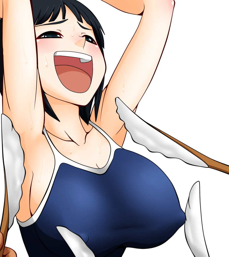 1girl armpits arms_up bangs bikkuru black_eyes black_hair blue_swimsuit blunt_bangs blush breasts cleavage collarbone disembodied_limb erect_nipples feather female half-closed_eyes holding kirigaya_suguha large_breasts laughing matching_hair/eyes one-piece_swimsuit open_mouth short_hair simple_background smile solo sweat swimsuit sword_art_online teeth textless tickling upper_body white_background