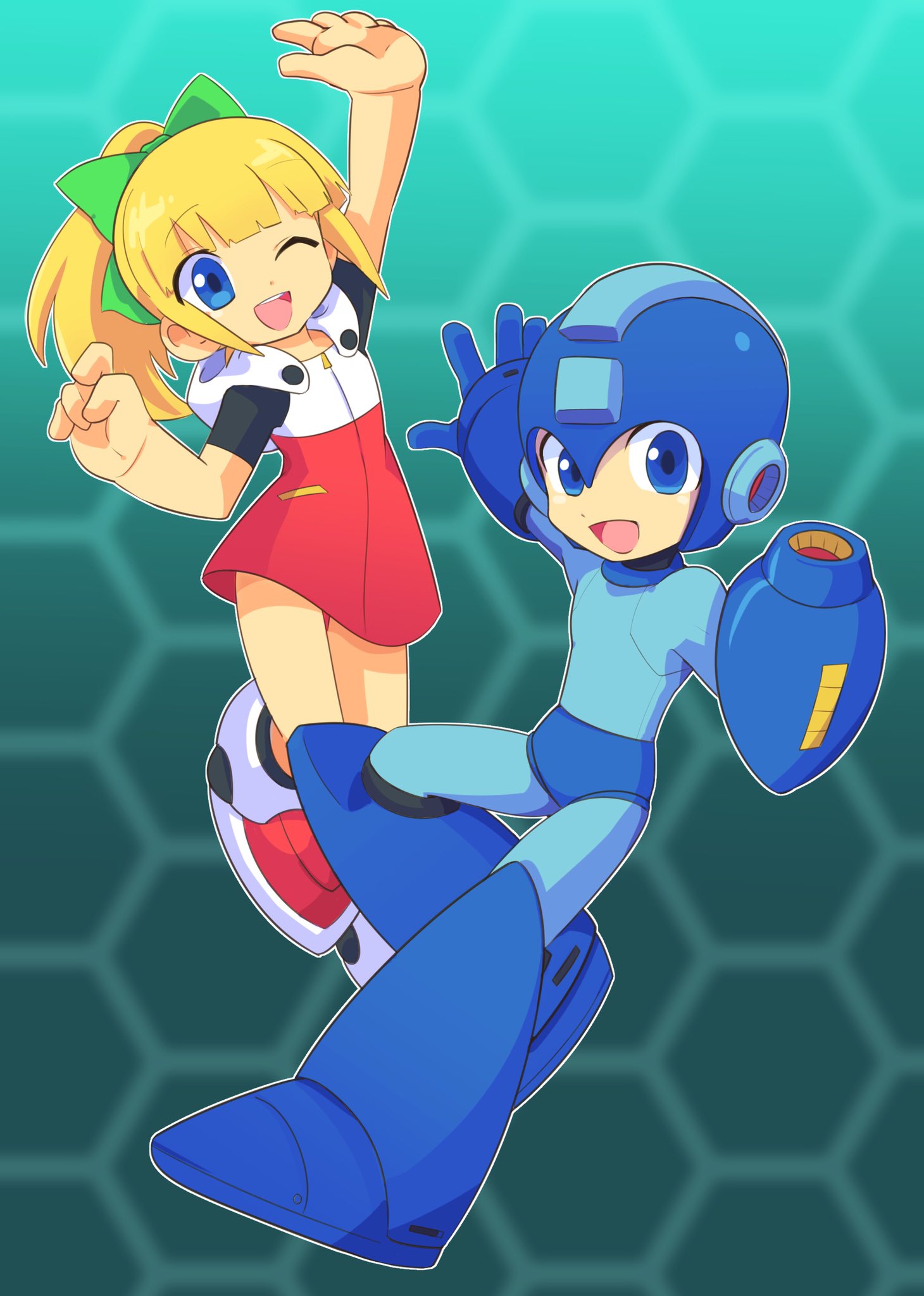 1girl android arm_cannon arm_up bangs blonde_hair blue_eyes blush bow capcom commentary_request dress full_body green_bow hair_bow helmet high_ponytail highres hood hood_down hooded_dress long_hair omeehayo one_eye_closed open_mouth ponytail red_dress rockman rockman_(character) rockman_(classic) rockman_11 roll sidelocks smile weapon