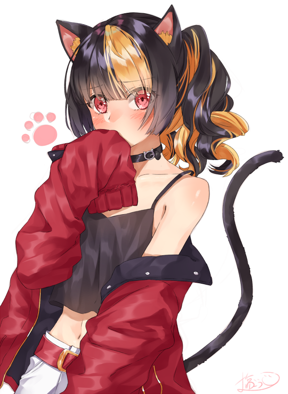 1girl animal_ear_fluff animal_ears bangs bare_shoulders belt black_hair blunt_bangs blush camisole cat_ears cat_girl cat_tail collar collarbone commentary_request covering_mouth embarrassed eyebrows_visible_through_hair jacket long_hair long_sleeves looking_at_viewer matsusatoru_kouji navel official_art open_clothes open_jacket orange_hair original paws ponytail red_eyes red_jacket signature simple_background sleeves_past_fingers sleeves_past_wrists solo tail upper_body wavy_hair white_background