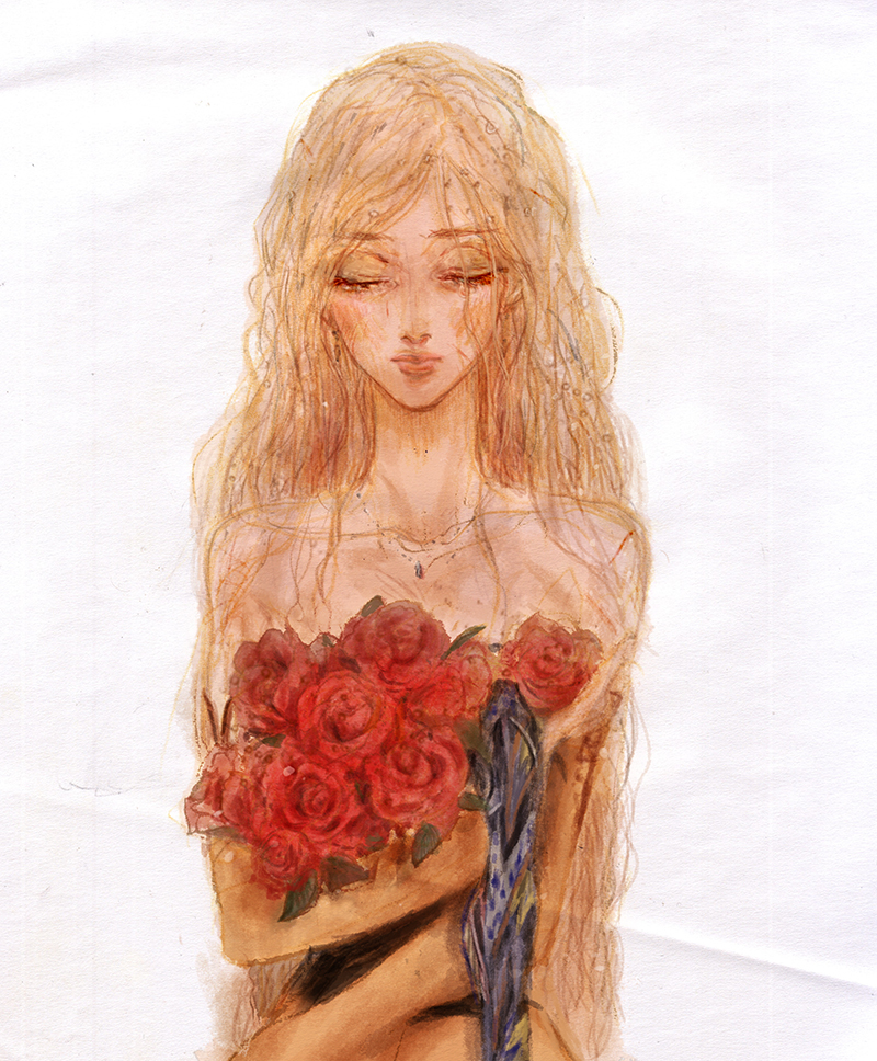 bandana blonde_hair celes_chere closed_eyes commentary_request final_fantasy final_fantasy_vi flower jewelry long_hair necklace oju_(ouka) solo