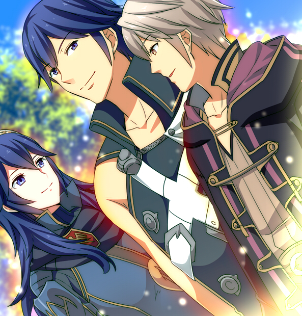 2boys :d blue_eyes blue_hair blue_sky blurry blurry_background brown_eyes collarbone day dutch_angle eye_contact fire_emblem fire_emblem:_kakusei krom long_hair looking_at_another lucina male_my_unit_(fire_emblem:_kakusei) mejiro multiple_boys my_unit_(fire_emblem:_kakusei) open_mouth outdoors silver_hair sky sleeveless smile