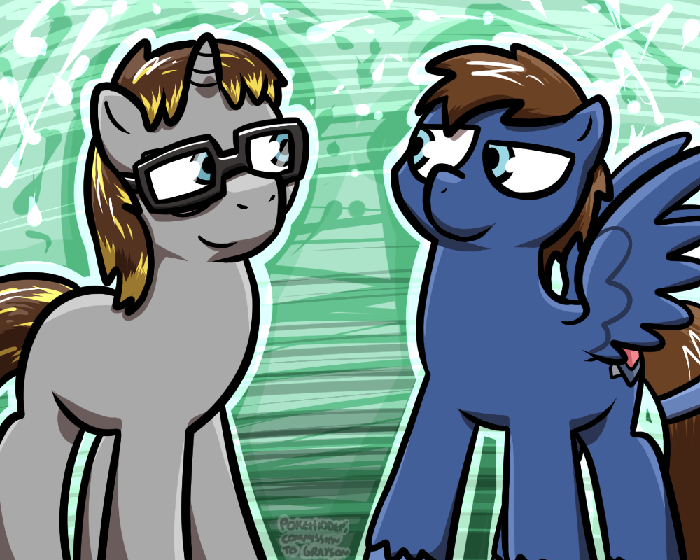 abstract_background big_eyes blue_ears blue_eyes blue_wings brown_hair brown_tail cutie_mark duo equine eye_contact eyewear fan_character feathered_wings feathers feral glasses green_background grey_ears grey_horn hair hooves horn male mammal my_little_pony pegasus pokehidden quadruped simple_background smile toony unicorn wings