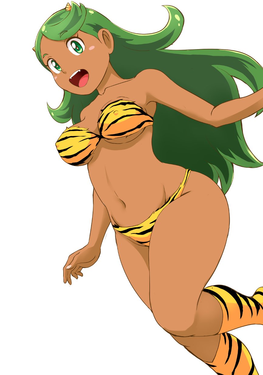 1girl :d alternate_costume alternate_hairstyle animal_print arm bare_arms bare_legs bare_shoulders bikini blush_stickers breasts collarbone cosplay creatures_(company) dark_skin erect_nipples eyebrows_visible_through_hair fang female game_freak green_eyes green_hair hair_down happy highres legs long_hair looking_at_viewer lum lum_(cosplay) mao_(pokemon) matching_hair/eyes medium_breasts midriff navel neck nintendo oni oni_horns open_mouth pokemon pokemon_(anime) pokemon_(game) pokemon_sm simple_background smile solo strapless strapless_bikini strapless_swimsuit striped striped_bikini striped_swimsuit swimsuit teeth tiger_print tof trial_captain underboob upper_body urusei_yatsura white_background yellow_bikini yellow_legwear yellow_swimsuit