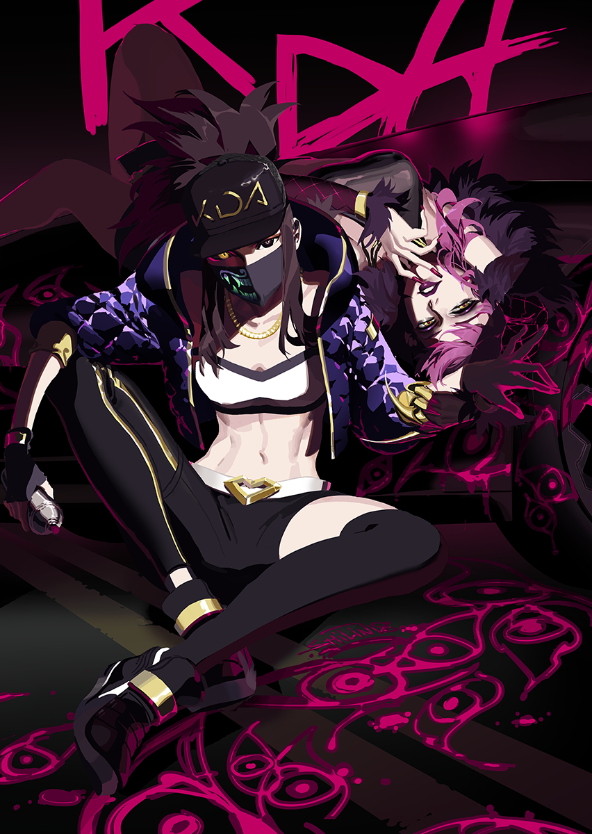 akali asymmetrical_legwear baseball_cap black_hair breasts cleavage comic commentary evelynn face_mask full_body graffiti half-closed_eyes hat heterochromia highres idol k/da_(league_of_legends) k/da_akali k/da_evelynn league_of_legends lipstick looking_at_viewer lying makeup mask midriff multiple_girls nail_polish navel on_back painting pants parted_lips ponytail purple_hair shilin sitting spray_can spread_legs strapless tubetop yellow_eyes