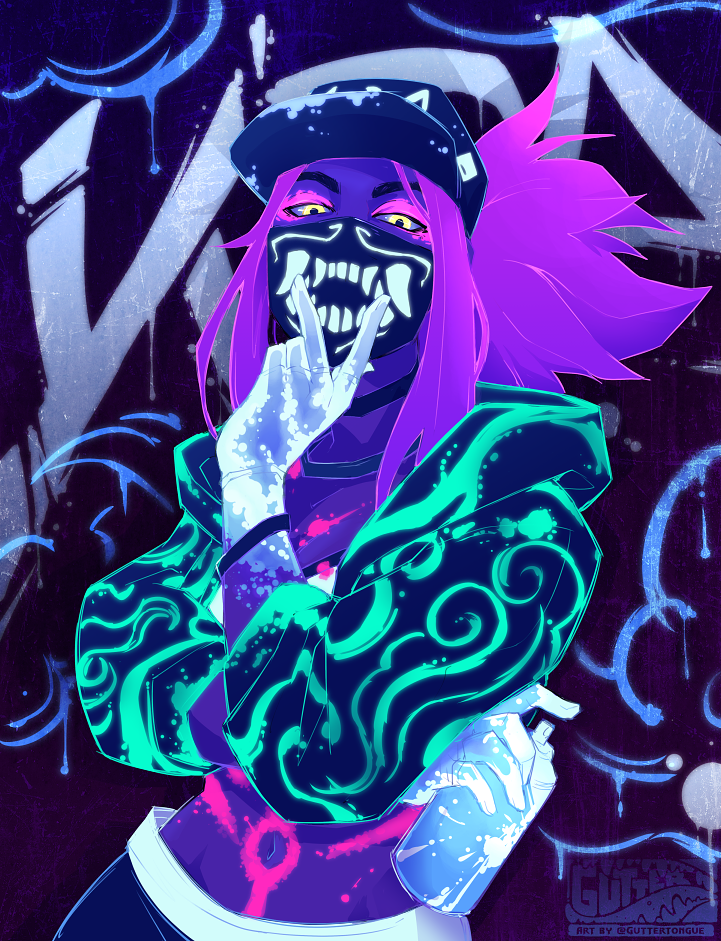 akali baseball_cap bodypaint bracelet commentary covered_mouth cropped_jacket crossed_arms cunnilingus_gesture english_commentary face_mask graffiti guttertongue hat hood hooded_jacket idol inverted_colors jacket jewelry k/da_(league_of_legends) k/da_akali league_of_legends looking_at_viewer mask medium_hair midriff navel neon purple_hair raver solo spray_can toned ultraviolet_light yellow_eyes