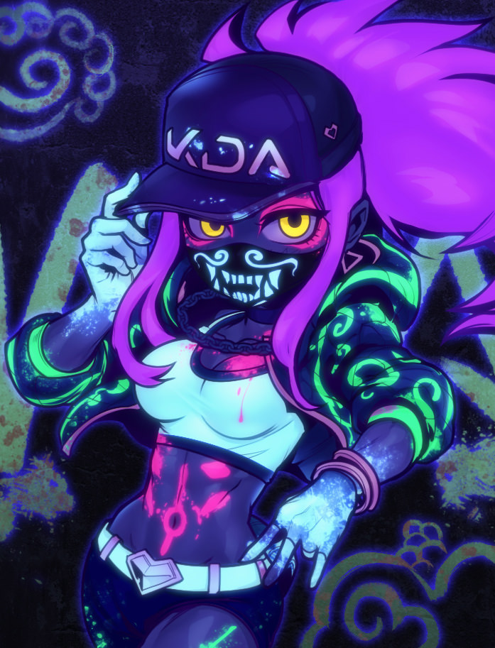 akali asymmetrical_legwear baseball_cap belt breasts chain_necklace cleavage commentary crop_top hat idol inverted_colors jacket k/da_(league_of_legends) k/da_akali league_of_legends long_sleeves looking_at_viewer midriff navel neon open_clothes phantom_ix_row ponytail purple_hair raver solo ultraviolet_light yellow_eyes