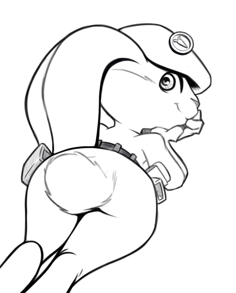 2019 anthro belt beret butt digital_media_(artwork) female hand_on_chin hat lagomorph looking_at_viewer lying mammal monochrome on_front pose rabbit rabbit_tail saran-rape smile soldier solo