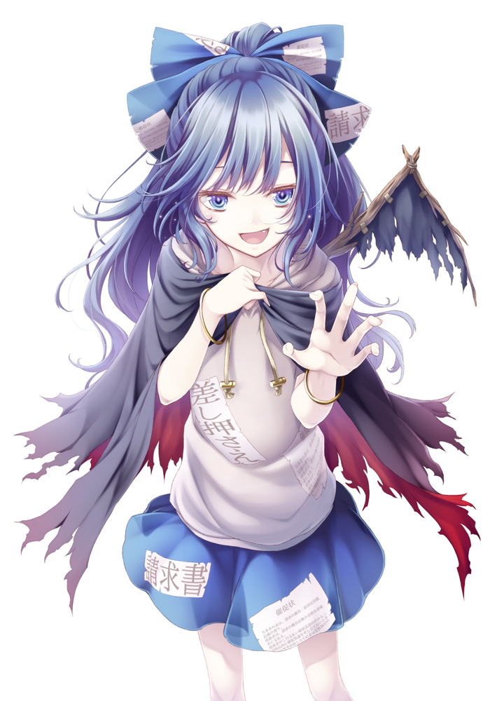 bangle bangs black_cape blue_bow blue_eyes blue_hair blue_skirt bow bracelet cape claw_pose commentary_request debt drawstring fang fingernails grey_hoodie hair_bow halloween_costume hands_up hood hoodie jewelry long_hair looking_at_viewer midorino_eni miniskirt open_mouth ponytail simple_background skirt smile solo torn_cape torn_wings touhou wavy_hair white_background wings yorigami_shion