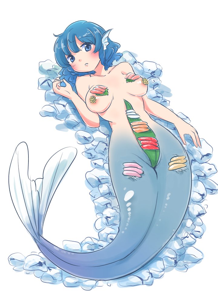areolae blue_eyes blue_hair blush breasts convenient_censoring food food_on_body full_body head_fins ice itatatata looking_at_viewer lying medium_breasts mermaid monster_girl nude nyotaimori on_back simple_background solo sushi touhou wakasagihime white_background