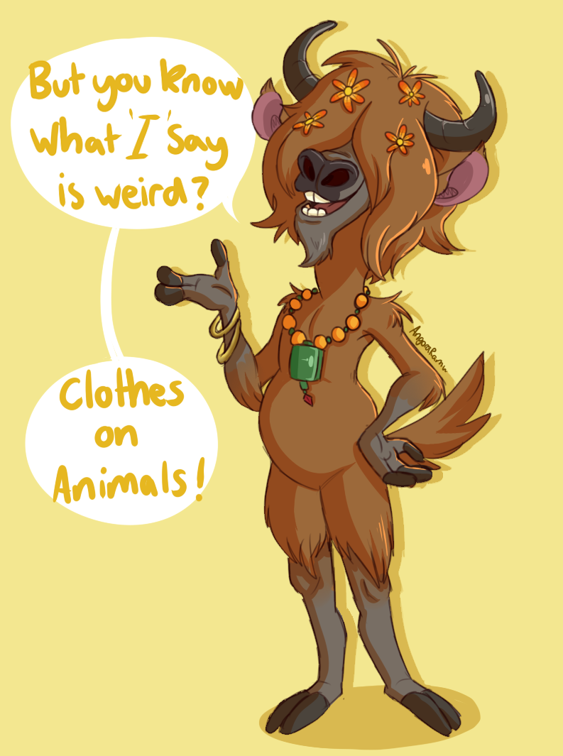 2018 3_fingers angoraram anthro bovine bracelet brown_fur brown_hair dialogue digital_drawing_(artwork) digital_media_(artwork) disney english_text flower flower_in_hair fur hair hair_over_eyes hand_on_hip horn jewelry mammal necklace nude open_mouth open_smile plant signature simple_background smile speech_bubble standing text yak yax yellow_background zootopia