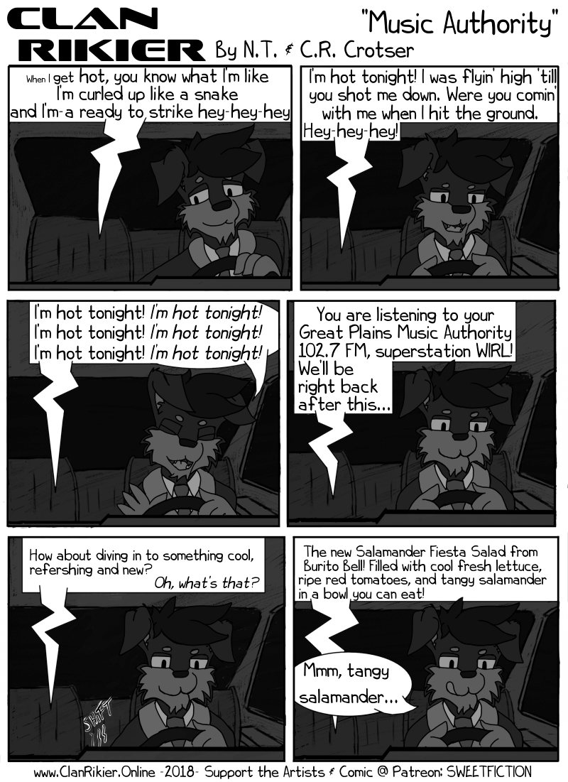 1985 2018 80's 80s anthro black_and_white brown_fur canine car clothed clothing comic dialogue digital_media_(artwork) doberman dog english_text fur gloves hair john_rikier licking licking_lips male mammal monochrome music musical_note open_mouth radio simple_background singing smile solo sweetfiction text tongue tongue_out vehicle young