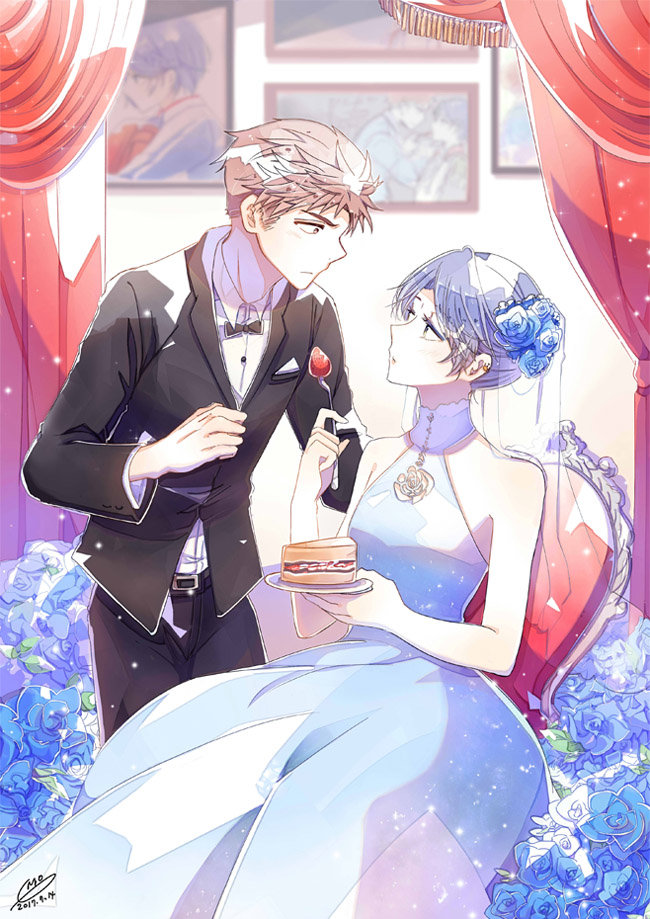 1girl black_bow black_jacket black_pants blue_flower blue_hair blue_rose bow bowtie brown_eyes brown_hair cake curtains dated dress dress_shirt emo_(ricemo) eye_contact flower food fork formal gekkan_shoujo_nozaki-kun hair_flower hair_ornament holding holding_fork holding_plate hori_masayuki indoors jacket kashima_yuu long_dress looking_at_another pants plate rose shirt short_hair signature sitting sleeveless sleeveless_dress standing white_dress white_flower white_rose white_shirt