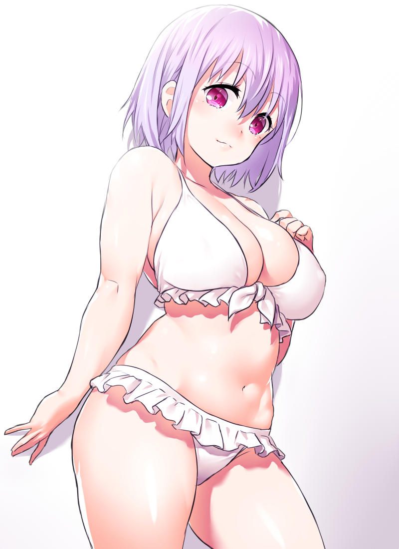bangs bare_shoulders bikini breasts cleavage closed_mouth commentary_request curvy eyebrows_visible_through_hair frilled_bikini frills front-tie_bikini front-tie_top hair_between_eyes hand_on_own_chest large_breasts lavender_hair looking_at_viewer navel onsoku_maru plump purple_eyes shinjou_akane shiny shiny_skin short_hair solo ssss.gridman standing swimsuit thighs white_bikini
