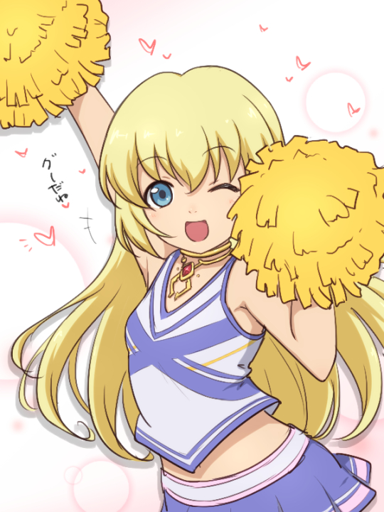 ;d bangs blonde_hair blue_eyes breasts cheerleader collet_brunel eyebrows_visible_through_hair heart holding jewelry kiikii_(kitsukedokoro) long_hair looking_at_viewer miniskirt neck_ring one_eye_closed open_mouth pleated_skirt pom_poms skirt small_breasts smile solo tales_of_(series) tales_of_symphonia