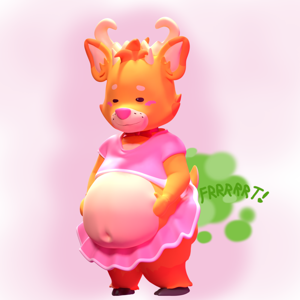 2018 3d_(artwork) animated anthro antlers belly big_belly blush bow_tie cervine clothing crop_top digital_media_(artwork) fart fart_fetish fur girly horn male mammal nathan_(the64thgamer) orange_fur reindeer shirt simple_background skirt slightly_chubby solo the64thgamer young