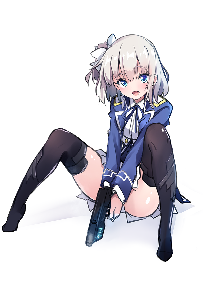 :d ass bangs black_legwear blue_eyes blue_jacket blue_ribbon blush bow character_request collared_shirt commentary_request eyebrows_visible_through_hair fang full_body grey_hair grey_skirt gun hair_between_eyes hair_bow handgun hayakawa_harui head_tilt highres holding holding_gun holding_weapon jacket long_hair neck_ribbon no_shoes one_side_up open_clothes open_jacket open_mouth pistol pleated_skirt ribbon shiny shiny_skin shirt sitting skirt smile solo thighhighs two-handed valkyrie_impulse weapon white_background white_bow white_shirt