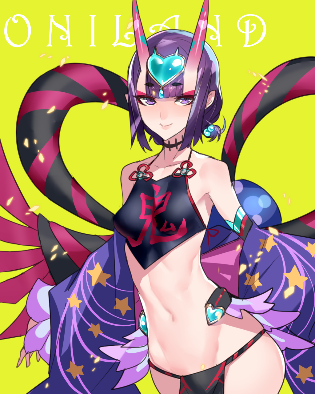 ban bangs bare_shoulders blush breasts closed_mouth collarbone dudou earrings eyeliner fate/grand_order fate_(series) fundoshi gourd hair_ornament headpiece highres hips horns japanese_clothes jewelry looking_at_viewer low_twintails makeup navel oni oni_horns pointy_ears ponytail purple_eyes purple_hair revealing_clothes sash short_eyebrows short_hair short_twintails shuten_douji_(fate/grand_order) shuten_douji_(halloween)_(fate) simple_background small_breasts smile solo star star_print twintails yellow_background