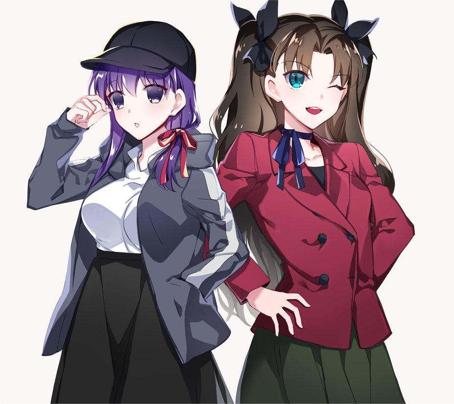 ;d black_bow black_hat black_skirt blue_eyes blue_ribbon bow brown_hair choker collarbone cosplay eyebrows_visible_through_hair fate/stay_night fate_(series) grey_jacket hair_between_eyes hair_bow hair_ribbon hand_in_pocket hands_on_hips hat high-waist_skirt hood hood_down hooded_jacket jacket long_hair looking_at_viewer matou_kariya matou_kariya_(cosplay) matou_sakura multiple_girls one_eye_closed open_clothes open_jacket open_mouth parted_lips pleated_skirt purple_eyes purple_hair red_jacket red_ribbon ribbon ribbon_choker shiny shiny_hair shirt simple_background skirt smile standing toosaka_rin toosaka_tokiomi toosaka_tokiomi_(cosplay) twintails very_long_hair white_background white_shirt ycco_(estrella)