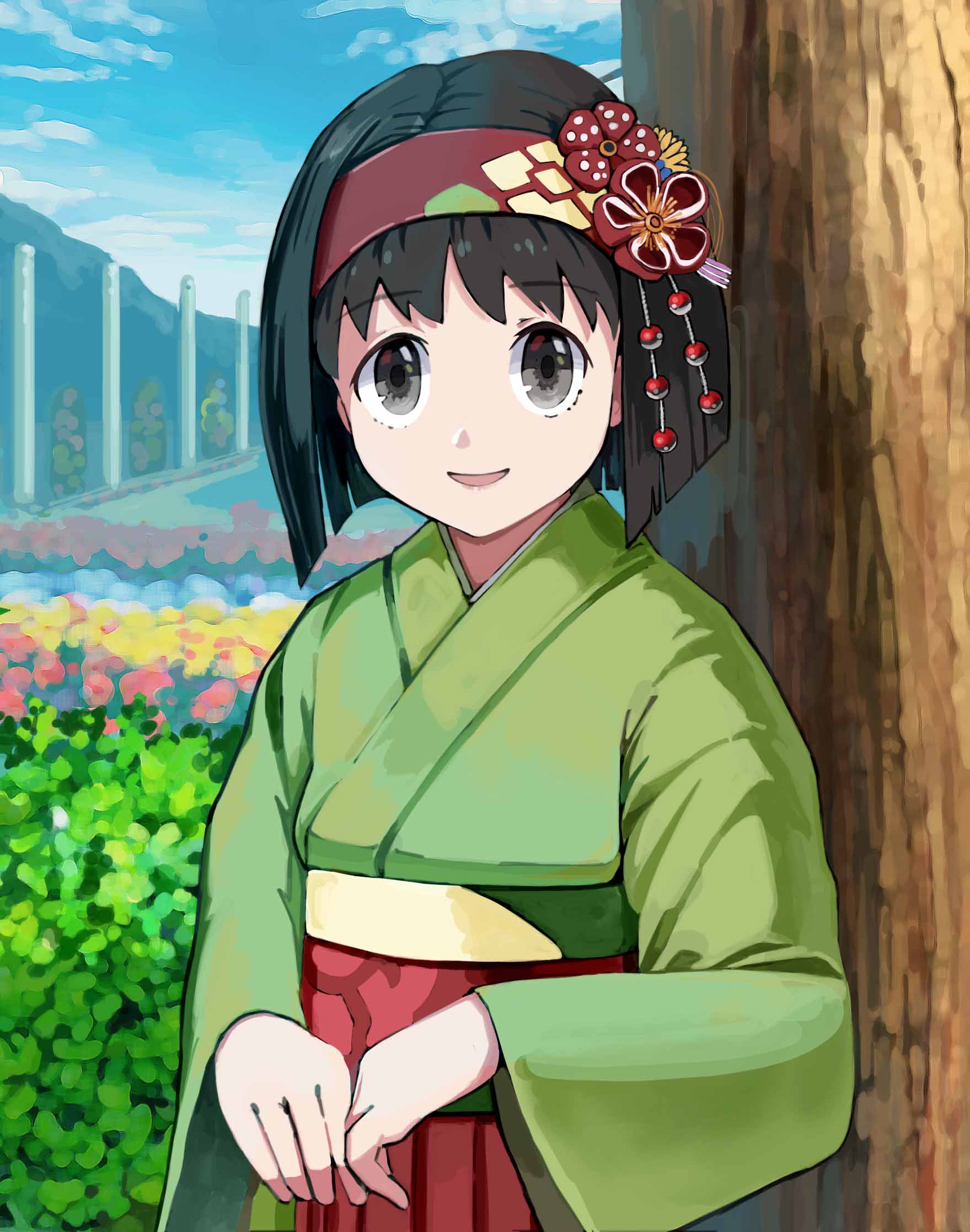 1girl aiai_(hidetti) bangs black_eyes black_hair blue_sky bob_cut cloud cloudy_sky creatures_(company) erika_(pokemon) eyebrows_visible_through_hair flower game_freak green_kimono hairband highres japanese_clothes kimono leaf long_sleeves looking_at_viewer nintendo open_mouth outdoors plant pokemon pokemon_(game) pokemon_lgpe short_hair sky smile solo upper_body