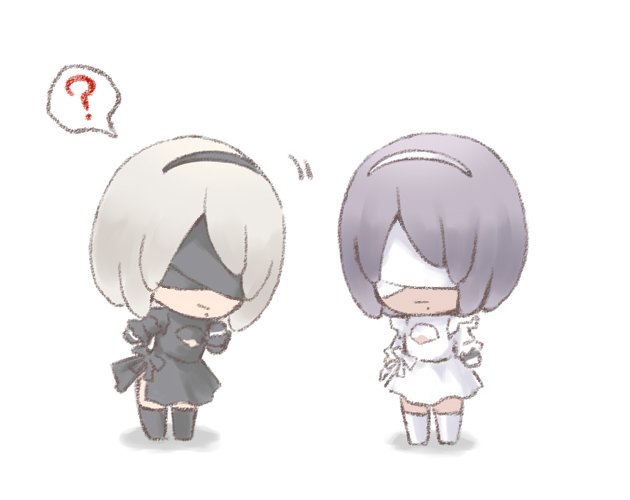 2girls alternate_color black_blindfold black_hair blindfold breasts chibi cleavage cleavage_cutout dark_skin feather-trimmed_sleeves gloves hairband long_sleeves mole multiple_girls nier_(series) nier_automata puffy_sleeves simple_background soulcalibur_vi thighhighs white_background white_blindfold white_hair yorha_no._2_type_b