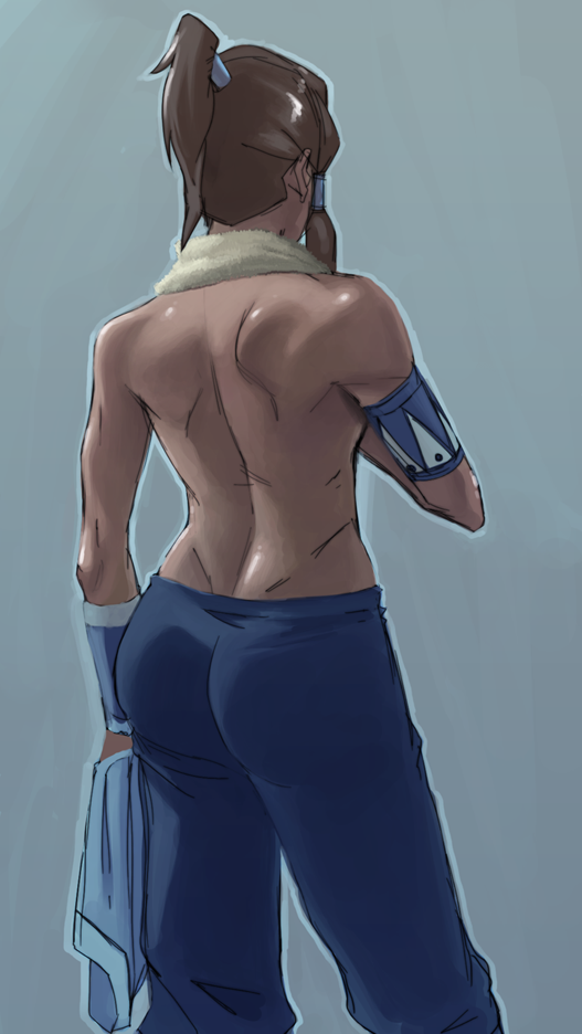 1girl armband ass avatar_(series) back black_hair commentary dark_skin facing_away flat_ass from_behind hair_tubes high_ponytail korra long_hair muscle muscular_female revision solo the_legend_of_korra topless towel towel_around_neck william_ruzicka