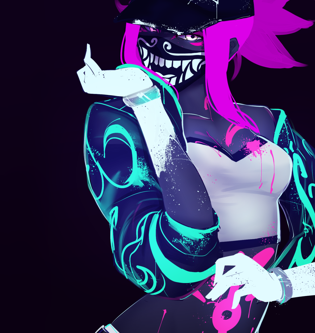 akali bare_shoulders baseball_cap black_background bodypaint bracelet breasts cleavage covered_mouth cropped_jacket crossed_arms face_mask hat i-pan idol inverted_colors jewelry k/da_(league_of_legends) k/da_akali league_of_legends looking_at_viewer mask medium_breasts midriff off_shoulder paint_splatter pink_hair raver sidelocks sleeves_pushed_up solo ultraviolet_light yellow_eyes