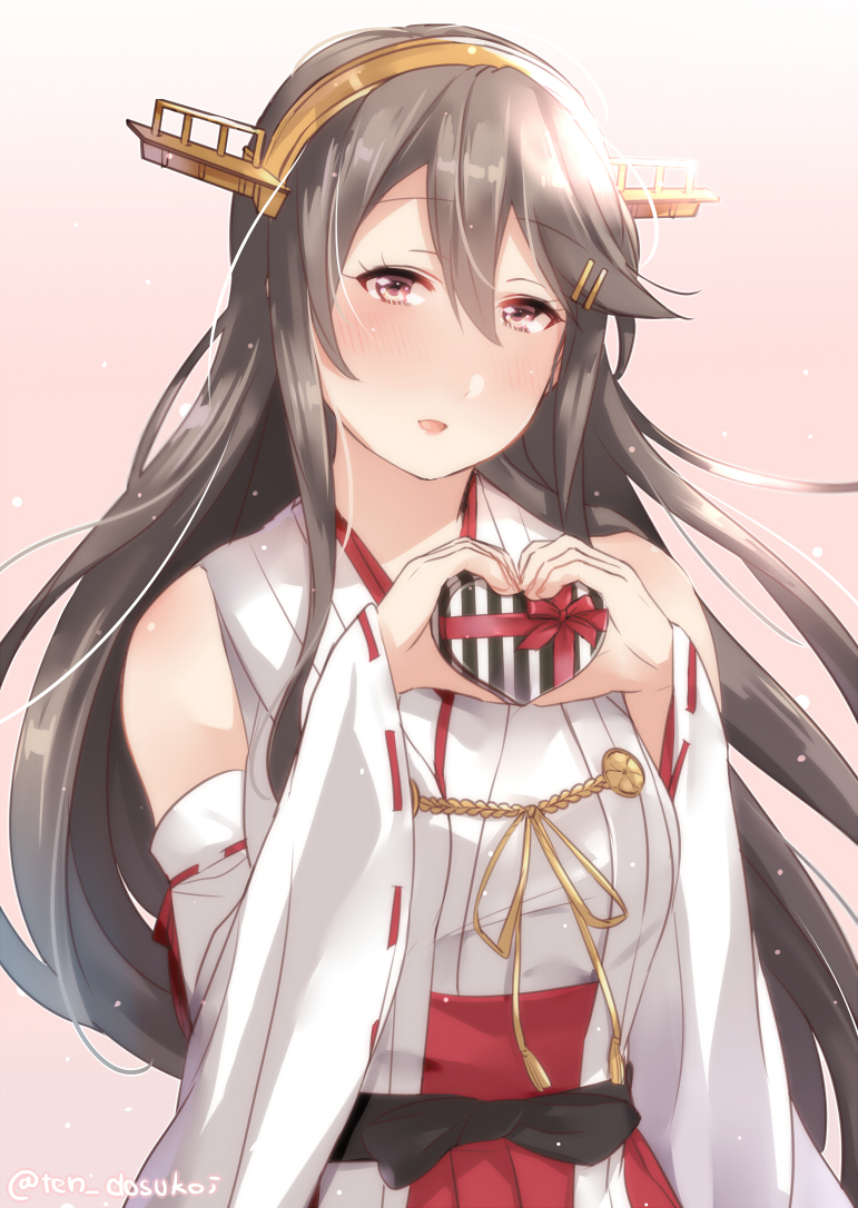 :d bangs bare_shoulders bloom blush box commentary_request detached_sleeves eye_color_request gift grey_hair hair_between_eyes half-closed_eyes hands_up haruna_(kantai_collection) head_tilt headgear heart heart-shaped_box heart_hands holding juurouta kantai_collection long_hair long_sleeves looking_at_viewer open_mouth remodel_(kantai_collection) ribbon-trimmed_sleeves ribbon_trim smile solo upper_body valentine very_long_hair white_sleeves wide_sleeves
