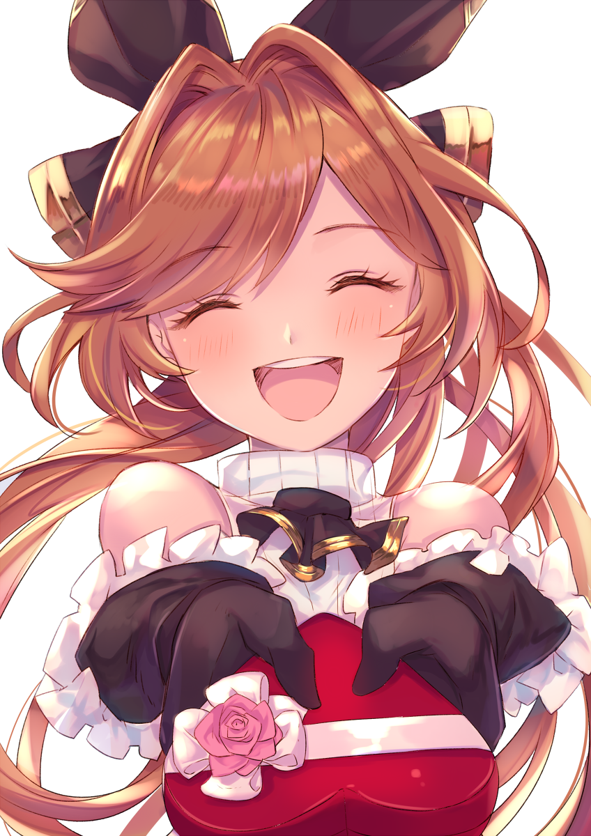 1girl :d ^_^ aoi_(kirabosi105) black_gloves blush box clarisse_(granblue_fantasy) closed_eyes commentary_request eyebrows_visible_through_hair eyes_closed flower gift gift_box gloves granblue_fantasy heart-shaped_box highres long_hair open_mouth orange_hair pink_flower pink_rose ponytail rose simple_background smile solo valentine white_background