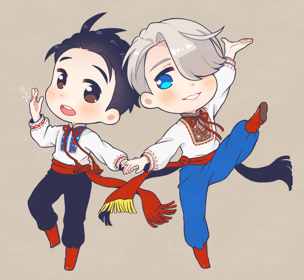2boys :d black_hair blue_eyes brown_eyes hair_over_one_eye hair_slicked_back hand_holding jewelry katsuki_yuuri male_focus multiple_boys open_mouth pants ring ruei_(chicking) russian_clothes sash silver_hair smile sparkle standing standing_on_one_leg viktor_nikiforov yuri!!!_on_ice