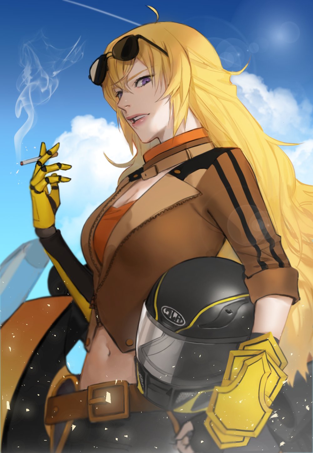 ahoge belt blonde_hair blue_sky breasts brown_jacket chung_rwby cigarette cleavage cloud commentary day eyewear_on_head fingerless_gloves gauntlets gloves ground_vehicle helmet highres holding holding_cigarette jacket long_hair midriff motor_vehicle motorcycle motorcycle_helmet navel orange_shirt outdoors parted_lips prosthesis prosthetic_arm purple_eyes rwby shirt sky sleeves_rolled_up smoke solo standing yang_xiao_long