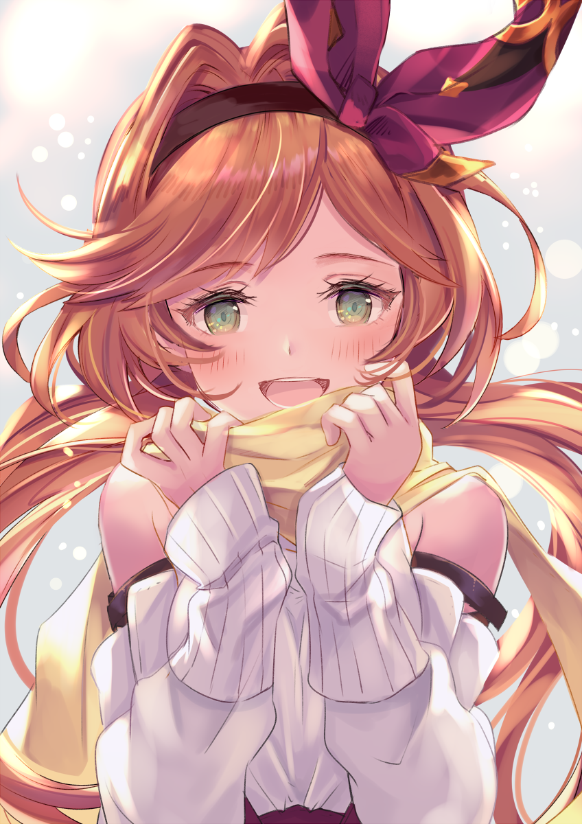 1girl :d aoi_(kirabosi105) black_hairband blush clarisse_(granblue_fantasy) detached_sleeves eyebrows_visible_through_hair granblue_fantasy green_eyes hairband highres looking_at_viewer open_mouth pink_ribbon ribbon scarf smile solo yellow_scarf