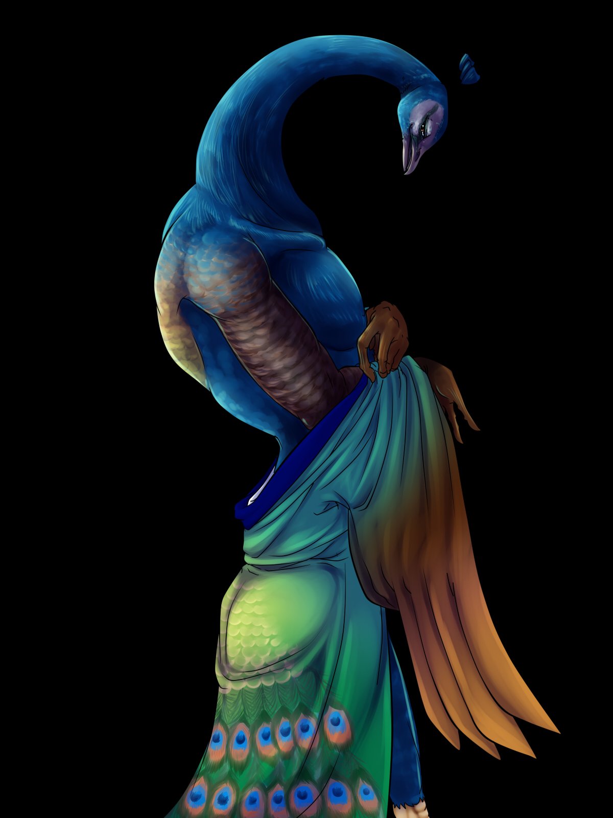 anthro avian bird black_background clothed clothing feathers hi_res long_neck male nabesiki peafowl robe simple_background solo topless undressing