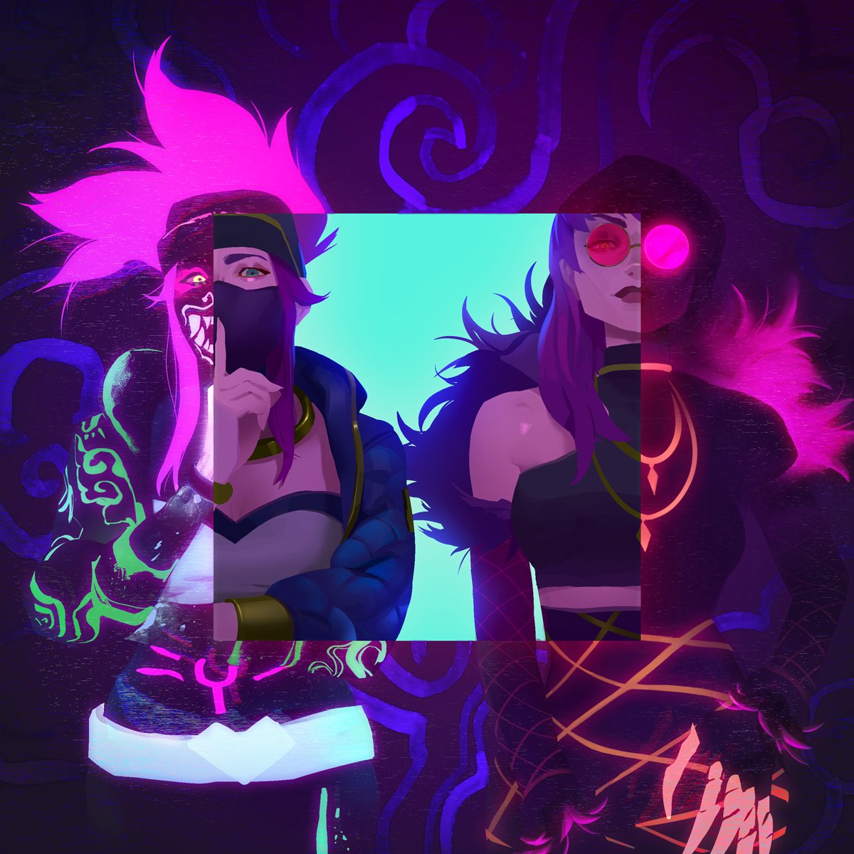 akali bare_shoulders evelynn finger_to_mouth fur_trim glasses glowing glowing_eyes glowing_hair green_eyes hat highres inverted_colors jacket jewelry k/da_(league_of_legends) k/da_akali k/da_evelynn league_of_legends mask medium_hair multiple_girls necklace pince-nez pink_hair purple_hair raver suqling ultraviolet_light yellow_eyes