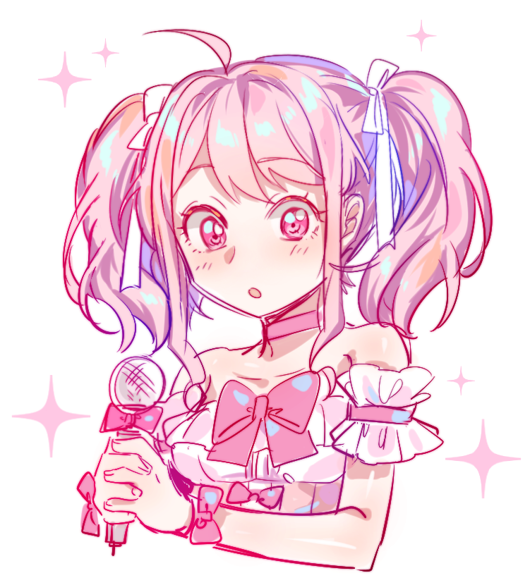 :o ahoge bang_dream! bangs bare_shoulders bow bowtie choker cropped_torso detached_sleeves hair_ribbon here_(artist) holding holding_microphone looking_at_viewer maruyama_aya microphone pink_bow pink_choker pink_eyes pink_hair pink_neckwear ribbon sidelocks solo sparkle twintails upper_body white_ribbon wrist_bow