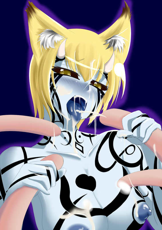 2009 all_fours animal_humanoid big_breasts black_sclera blonde_hair blush breasts comic corruption cum cum_in_hair cum_on_breasts cum_on_face cumshot demon ejaculation female fox_humanoid hair horn humanoid looking_at_viewer nipples nude orgasm post_transformation ran_yakumo simple_background solo tamakko tattoo tentacles tongue tongue_out touhou yellow_eyes