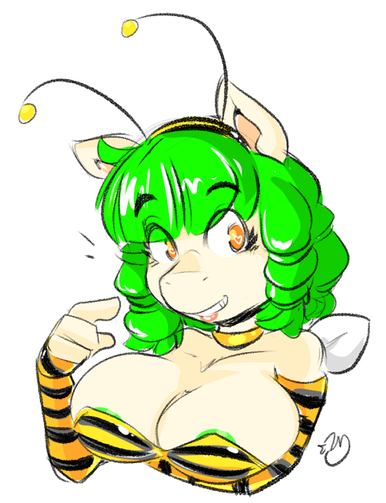 &lt;3 &lt;3_eyes 4_fingers antennae anthro areola armwear big_breasts biped breasts brown_eyes bust_portrait buzzy_bee_(duckdraw) choker clothed clothing drill_hair duckdraw elbow_gloves equine eyebrows eyelashes fake_wings fan_character female fingerless_gloves fur gloves green_areola green_hair hair hairband horse mammal my_little_pony pony portrait simple_background skimpy smile solo tan_ears tan_fur teeth white_background